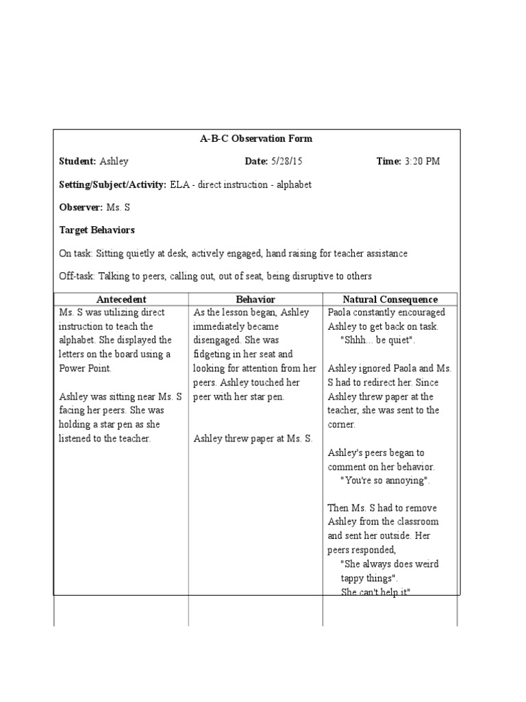 ABC Chart Example for Student Behavior | PDF | Social Science ...