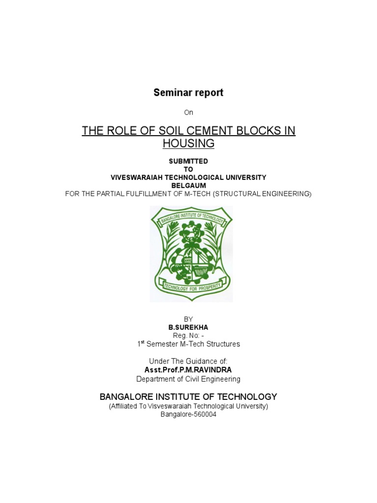 The Role of Soil Cement Blocks in Housing: Seminar Report | PDF