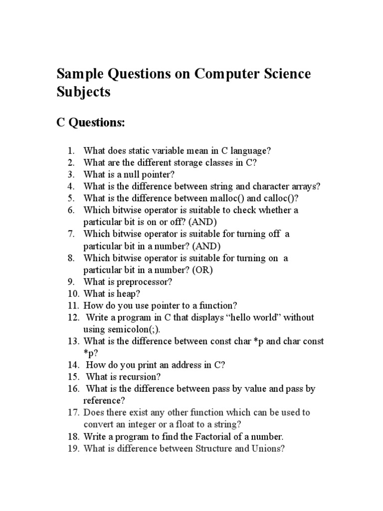 Sample Questions On Computer Science Subjects | PDF | C++ | Relational ...