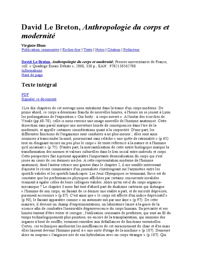 David Le Breton Anthripologie Du Corps Et Modernite Modernite Sociologie