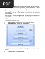 Internal Memory - Cache Memory and Primary/main Memory External Memory - Magnetic Disk / Optical Disk Etc