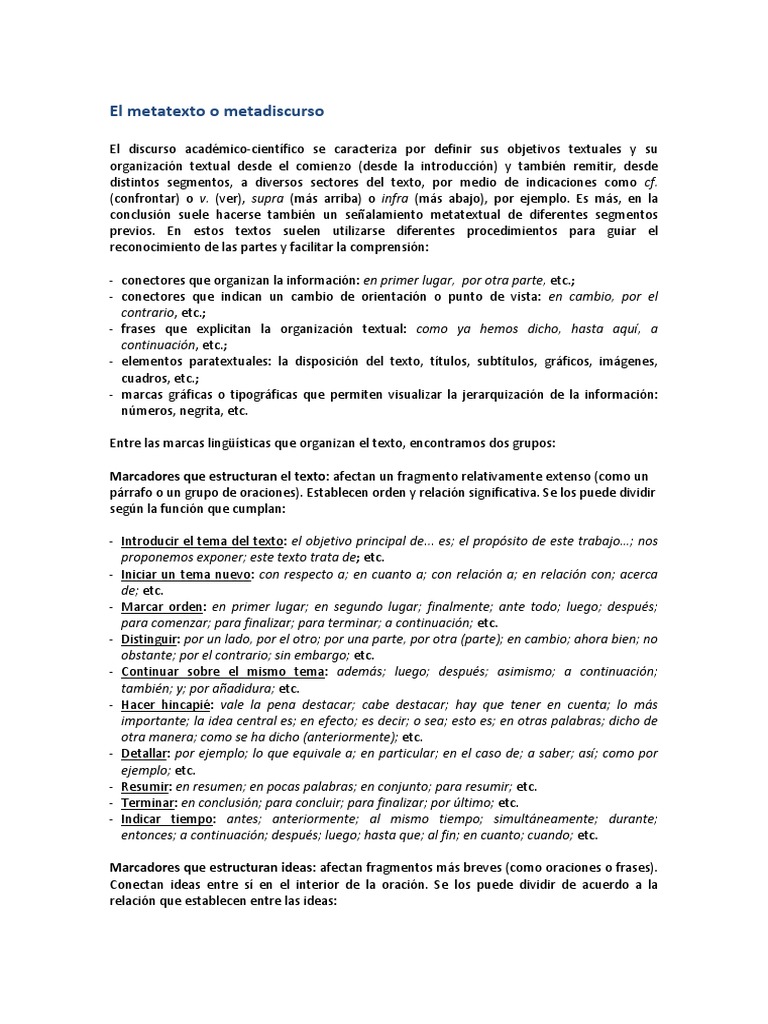 Definición y funciones del metatexto | PDF | Oración (Lingüística ...