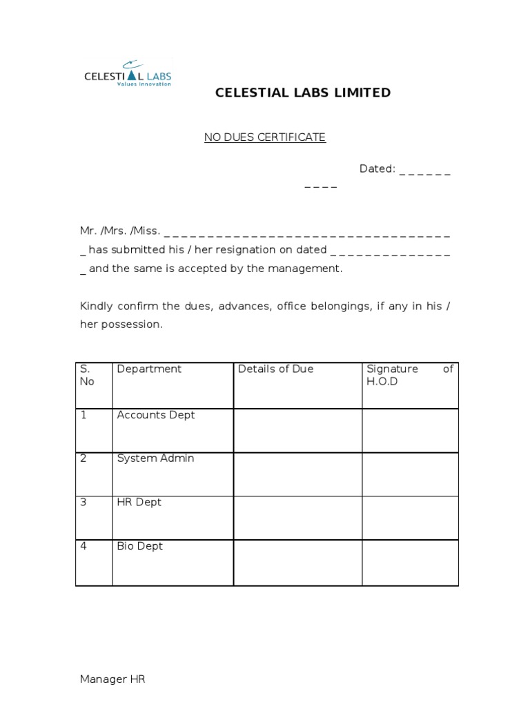 No Dues Certificate BIO DEPT Format PDF