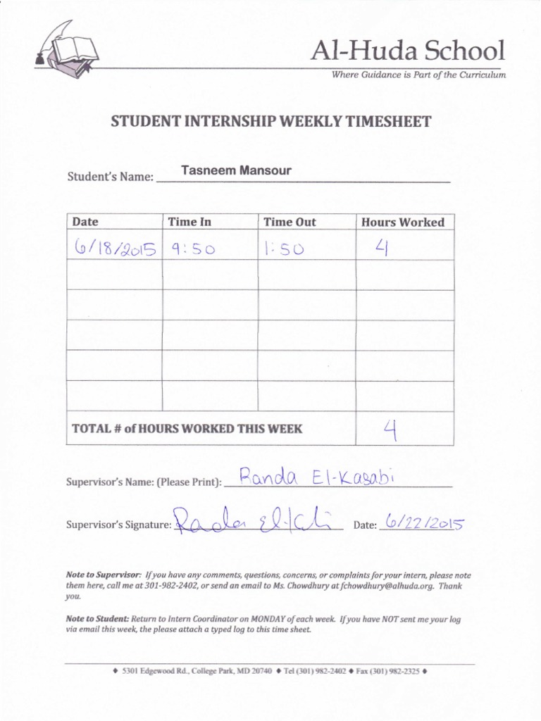 Student Internship Weekly Timesheet | PDF | Career & Growth
