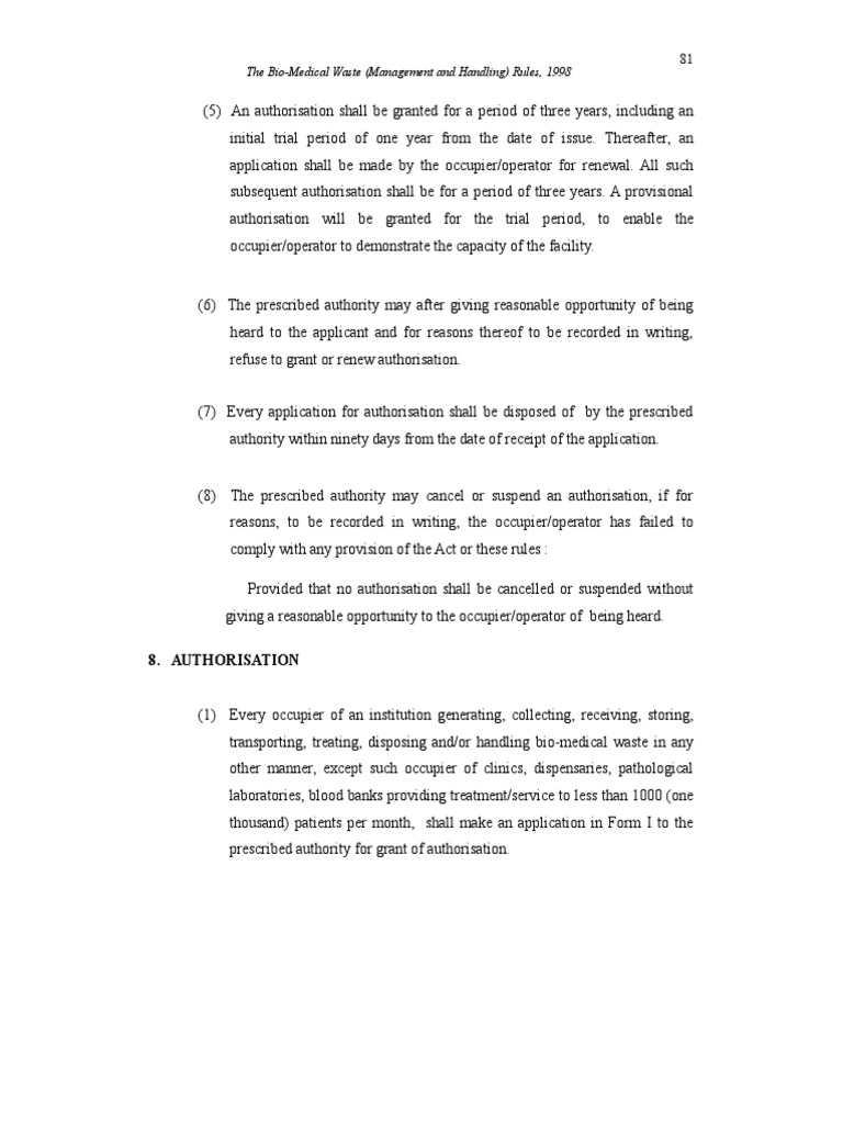 The BioMedical Waste (Management and Handling) Rules, 1998 8