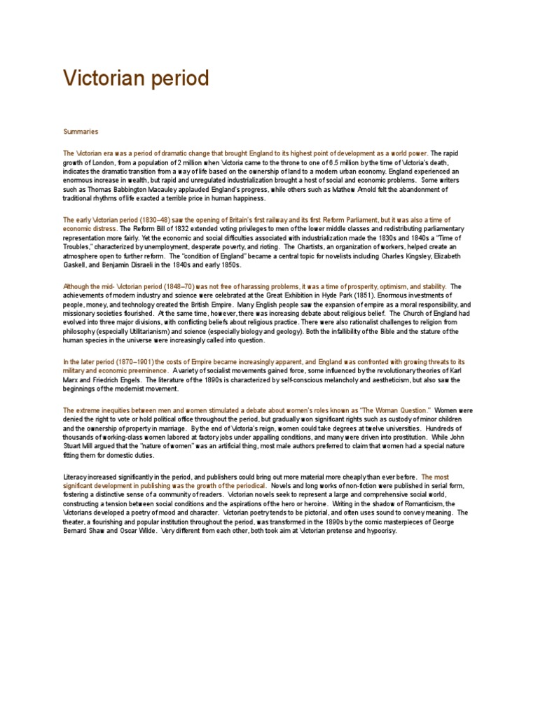 Victorian Period Summaries Download Free PDF Victorian Era