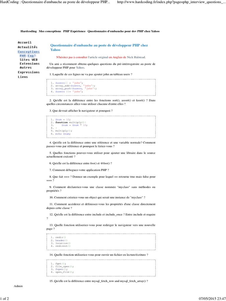 Questionnaire d'embauche développeur PHP | PDF | PHP | Génie logiciel
