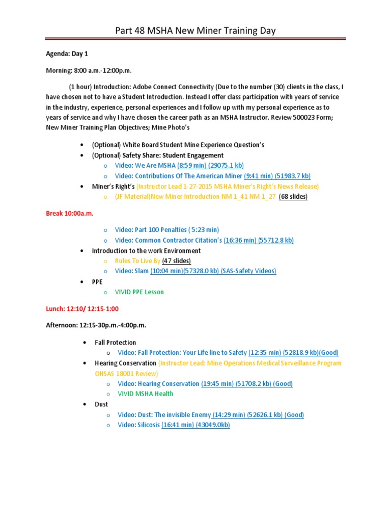 5 18 15 Three Day New Miner Training Pdf Prevention Occupational Safety And Health