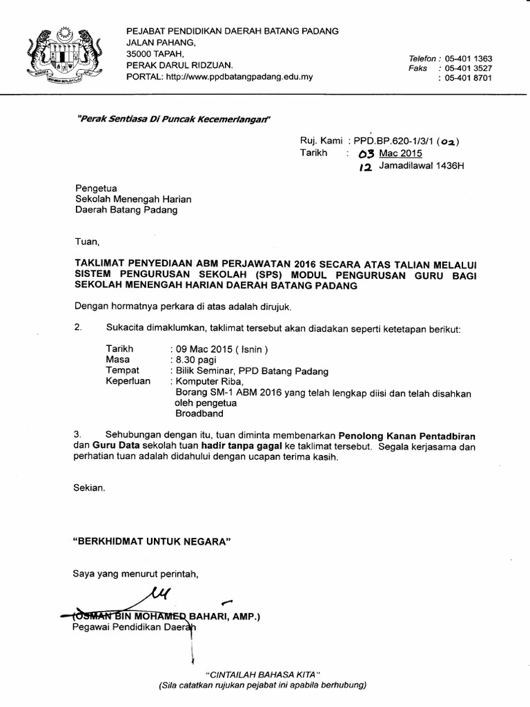 Contoh Surat Makluman Usul Pibg Sekolah