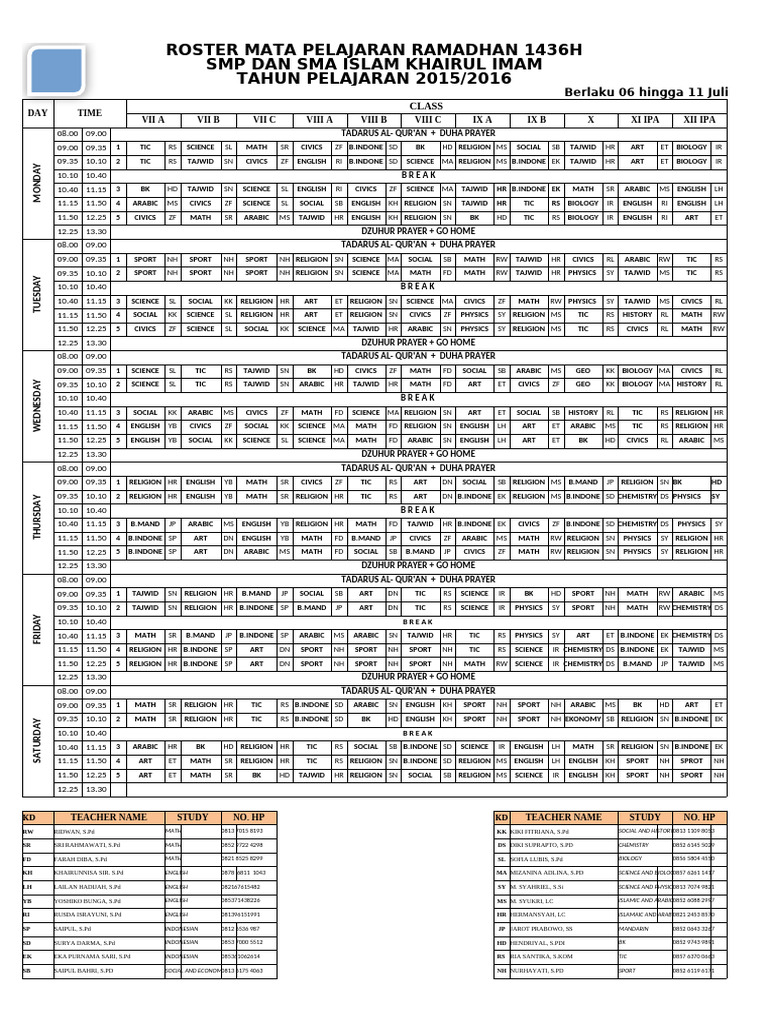 School Timetable & Calendar | PDF | Semitic Words And Phrases