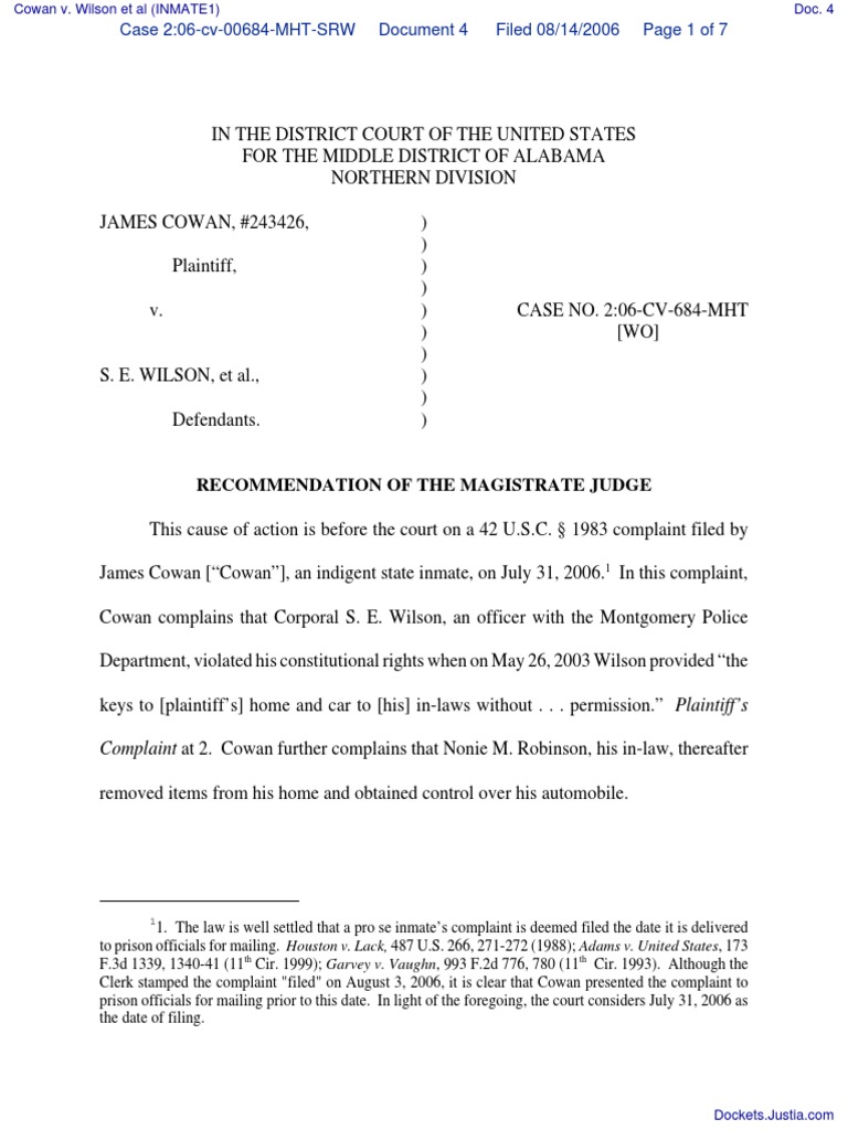Cowan v. Wilson Et Al (INMATE1) Document No. 4 PDF Complaint