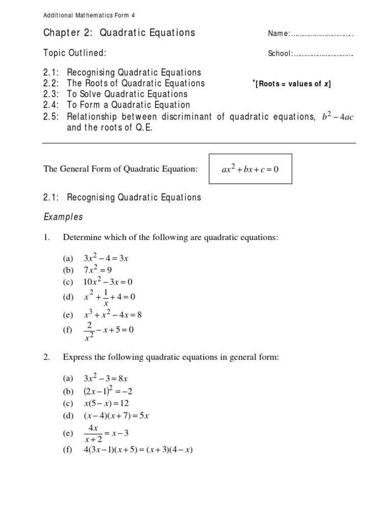 Form 4 Quadratic Equations Guide | PDF | Quadratic Equation | Equations