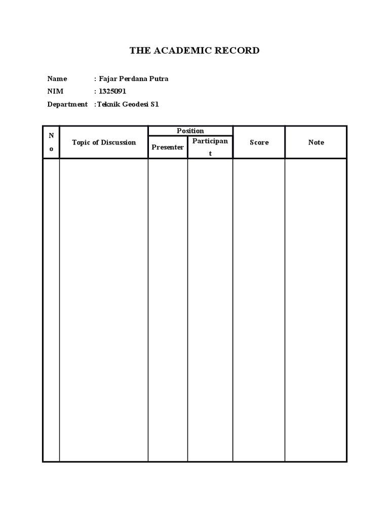 The Academic Record: Name: Fajar Perdana Putra NIM: 1325091 Department ...