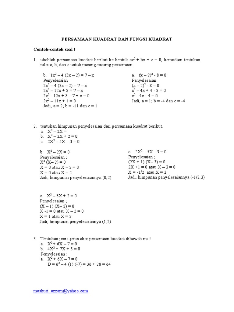 MATEMATIKA Contoh Persamaan Dan Fungsi Kuadrat