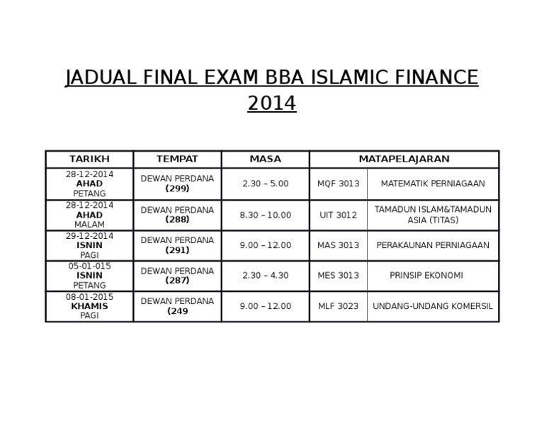 Final Exam Schedule BBA Islamic Finance | PDF | Technology & Engineering