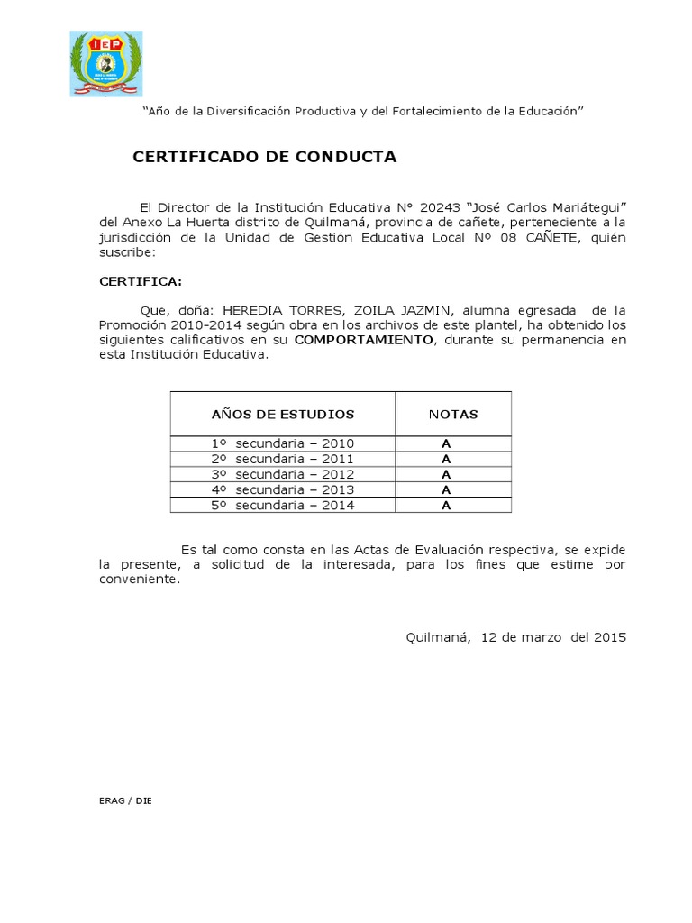 Certificado de Conducta  Educación Secundaria  Juventud