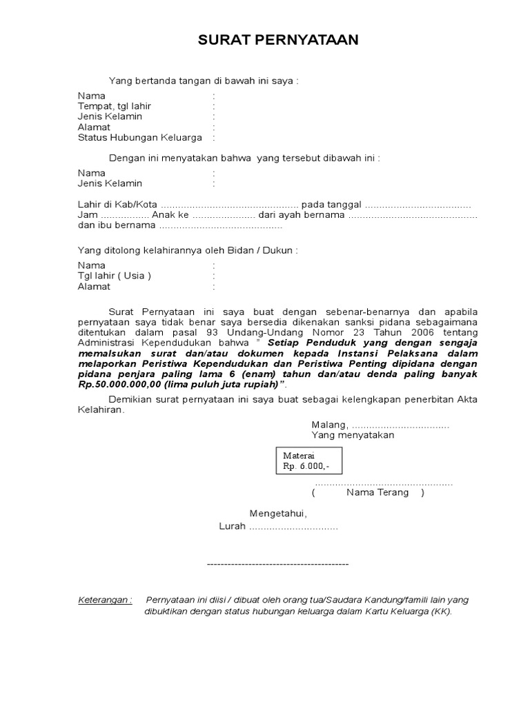 Surat Pernyataan Kelahiran Bidan Dukun | PDF