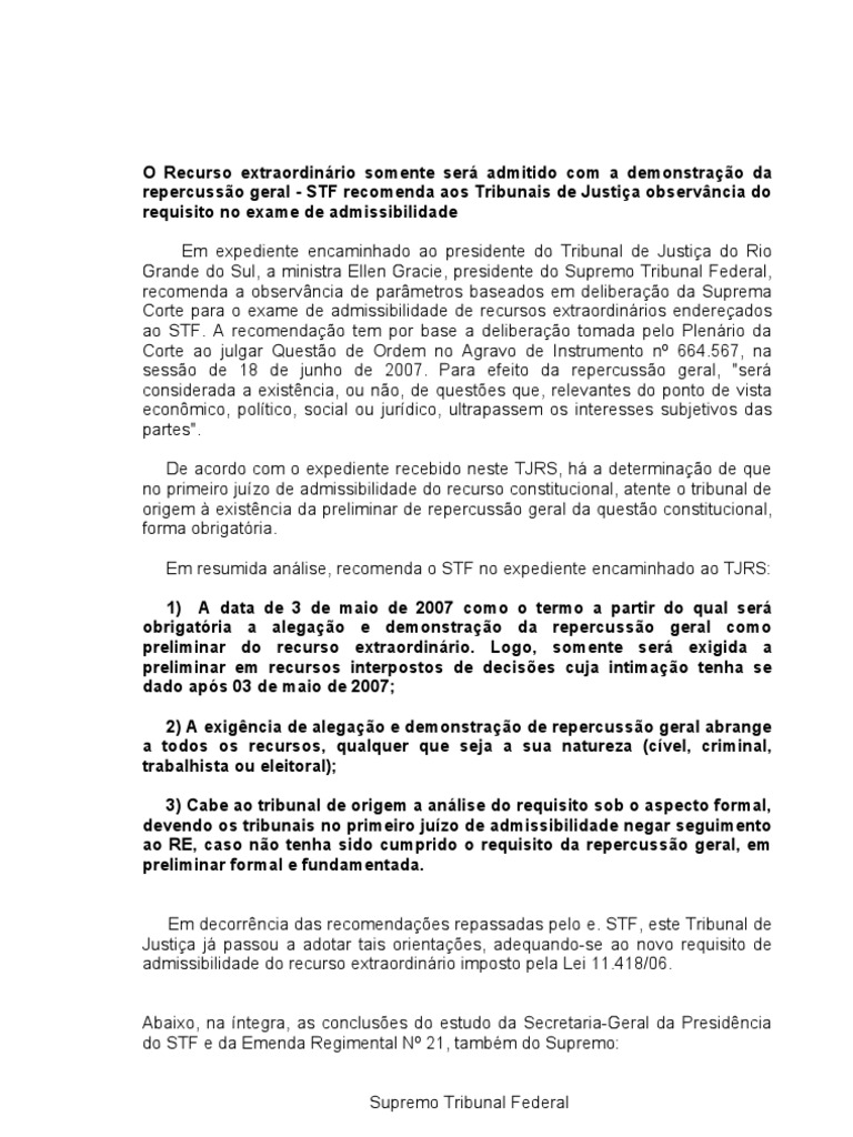 O Recurso Extraordinário Somente Será Admitido Com Emenda Constitucional Lei Constitucional