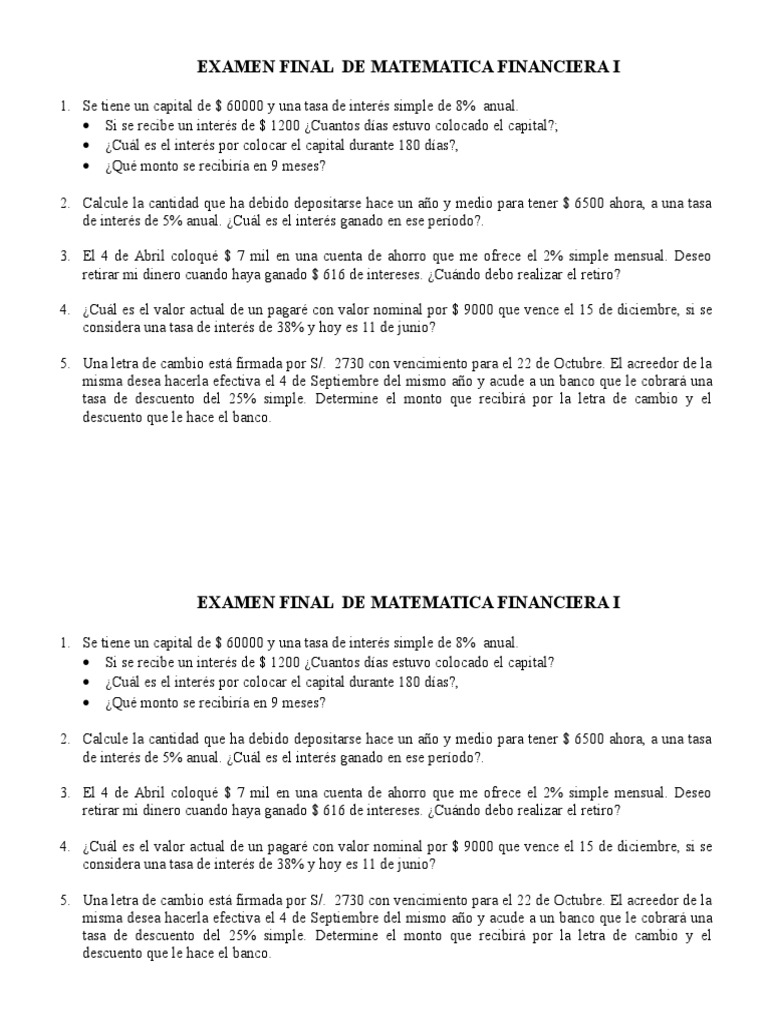 Examen Final de Matematica Financiera I | PDF