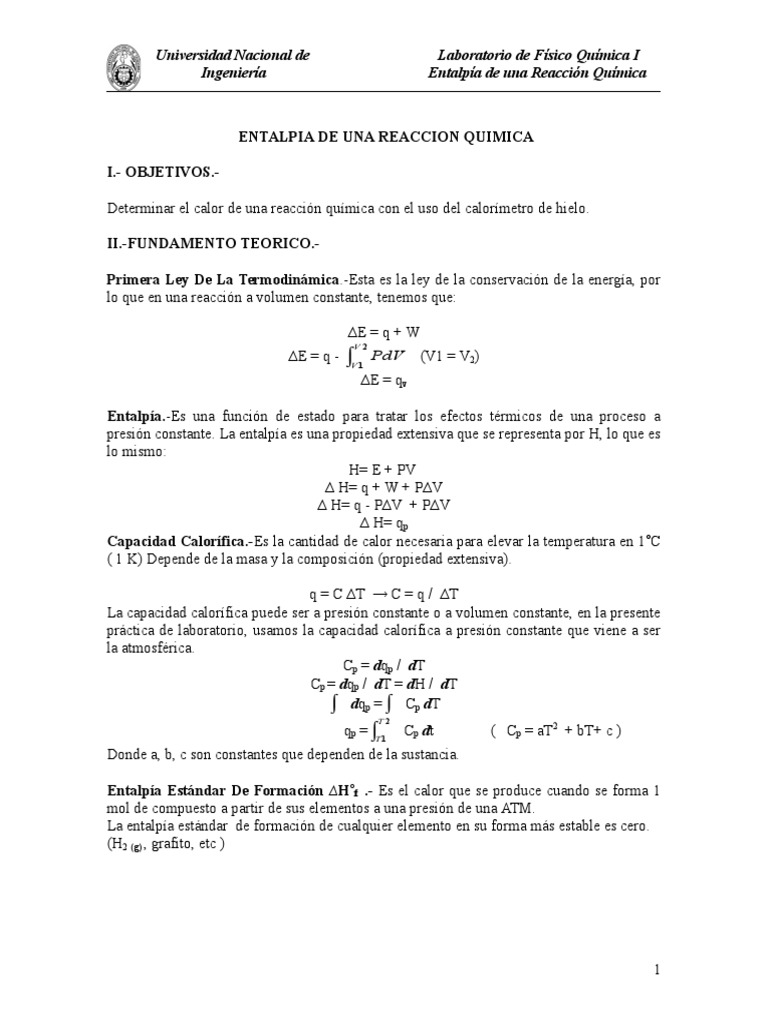 Entalpia de Una Reaccion Capacidad calorífica Entalpía