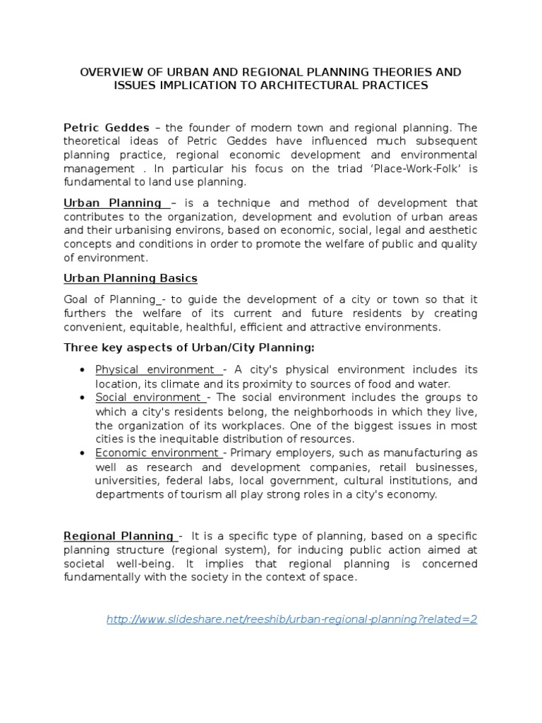 Overview of Urban and Regional Planning Theories and Issues Implication