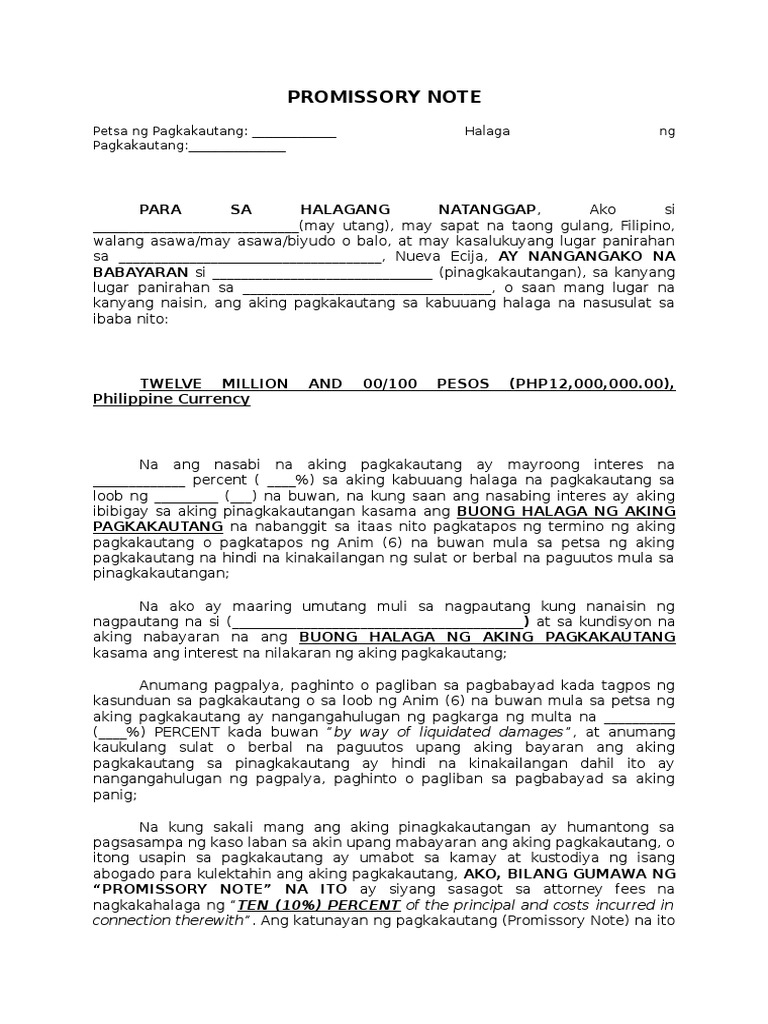 Promissory Note Tagalog Sample Format