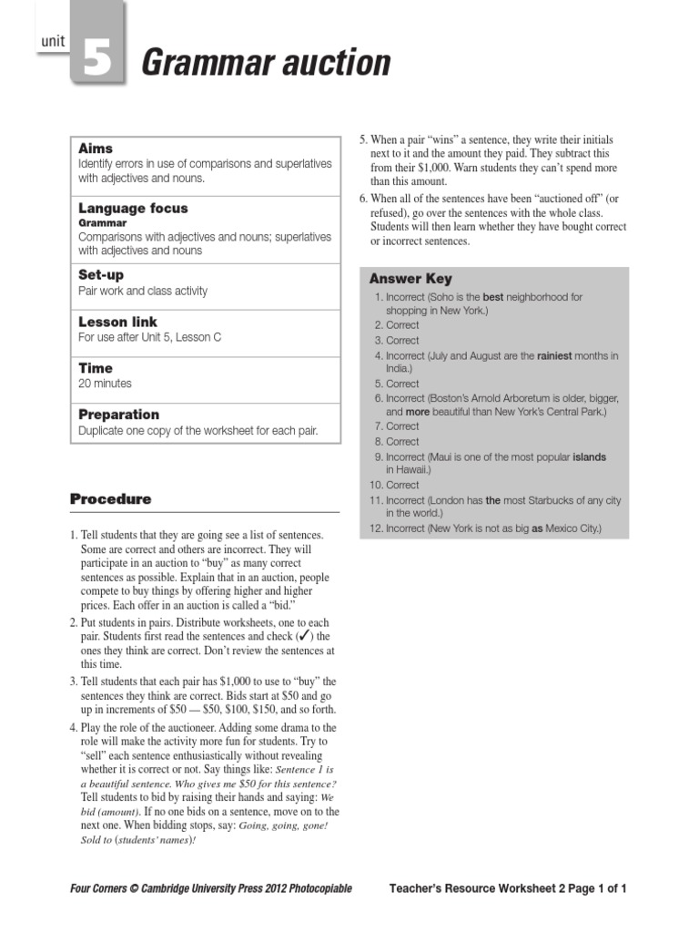 Grammar Auction PDF Adjective Auction