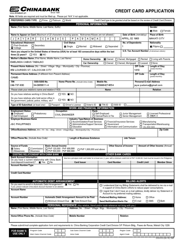 Credit Card Application With Supplementary Tmp Saveable Pdf
