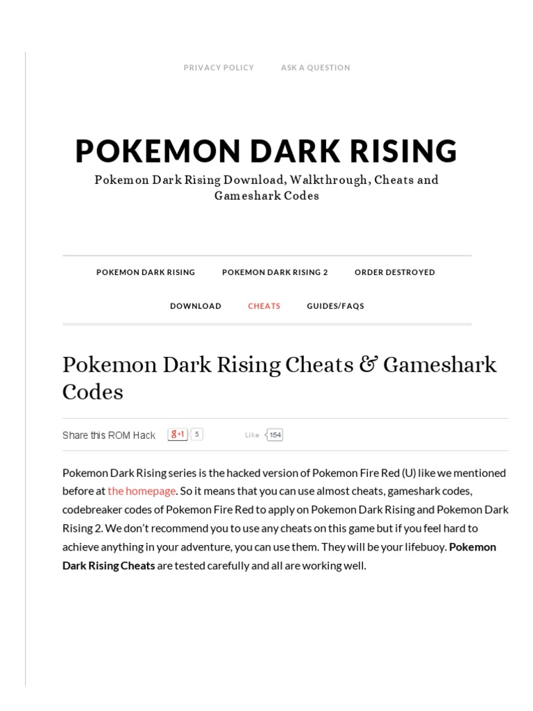 Pokemon Dark Rising Cheats ROM 