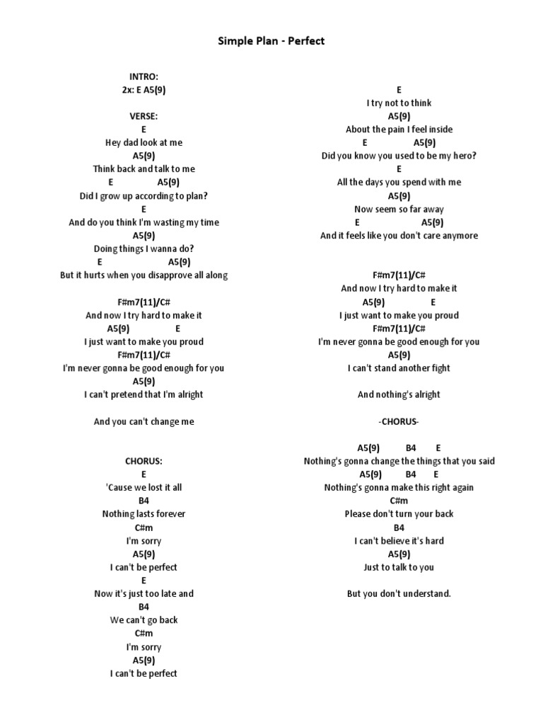 Perfect Simple Plan Chords PDF