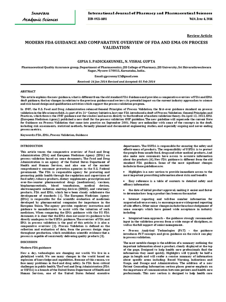 FDA and EMA Process Validation Overview | PDF | Food And Drug ...