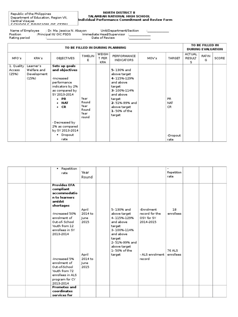 RPMS Performance Review Form for Principal | PDF | Mediation | Teaching ...