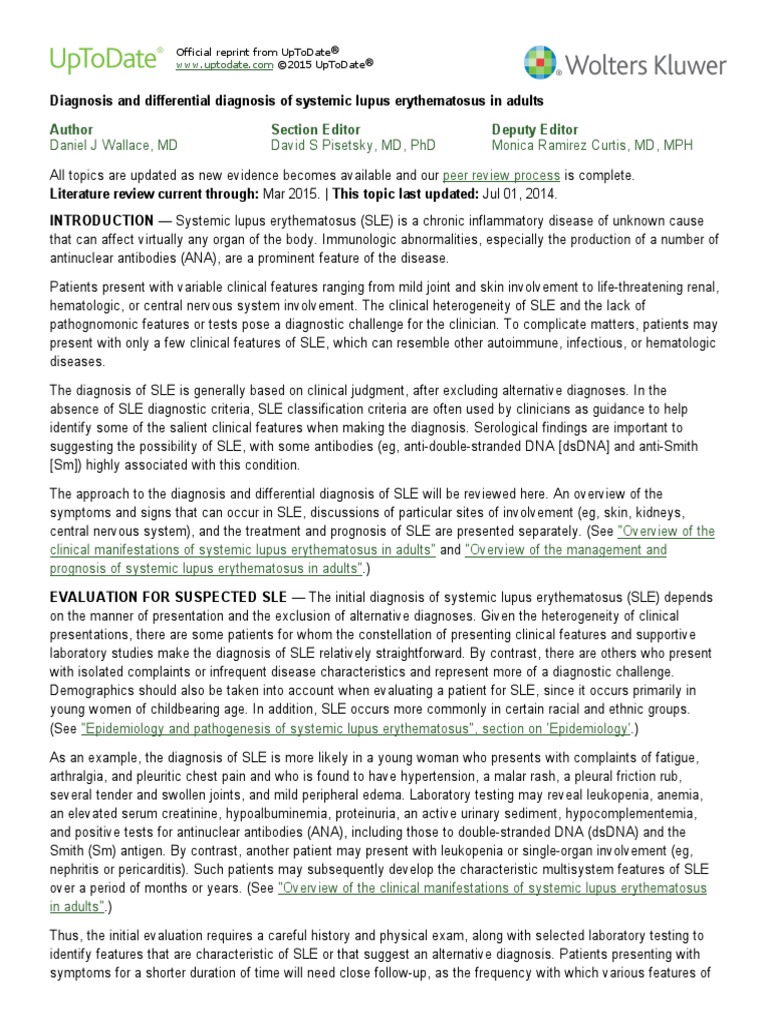 Diagnosis and Differential Diagnosis of Systemic Lupus Erythematosus in ...