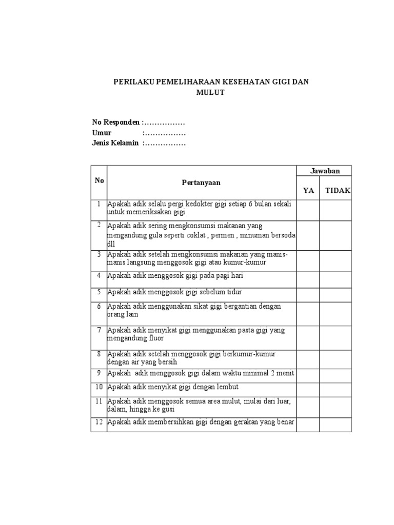 Kuesioner Perilaku Pemeliharaan Kesehatan Gigi Dan Mulut Pdf