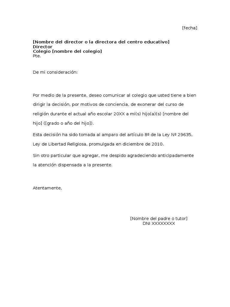 Modelo de carta simple para exoneración del curso de 