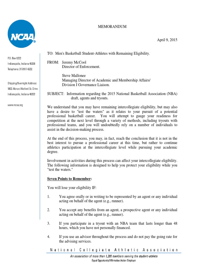 Ncaa memorandum National Collegiate Athletic Association Sports