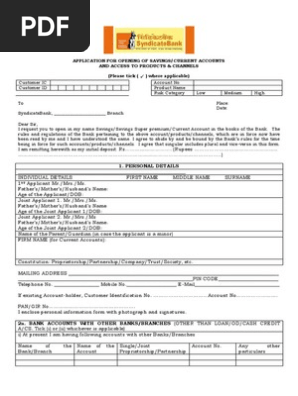Syndicate Bank Application Form Debit Card Banks