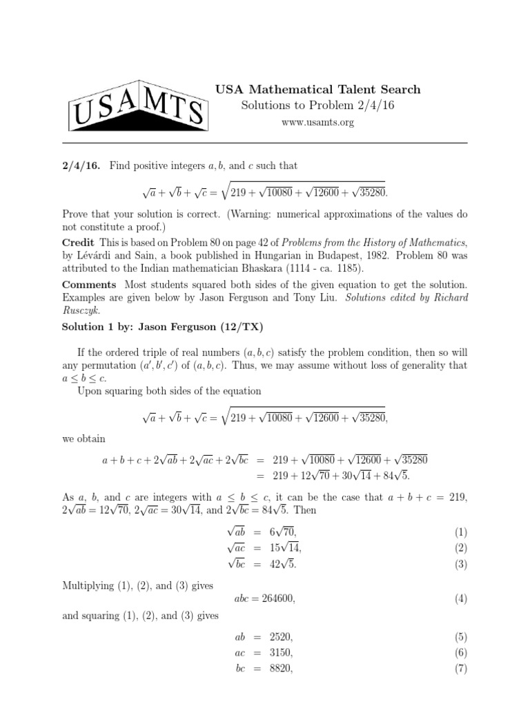 USA Mathematical Talent Search Solutions | PDF