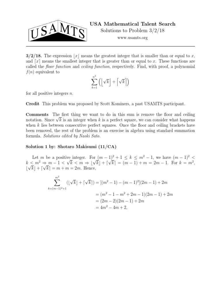USAMTS Problem 3/2/18 Solution | PDF | Teaching Methods & Materials ...