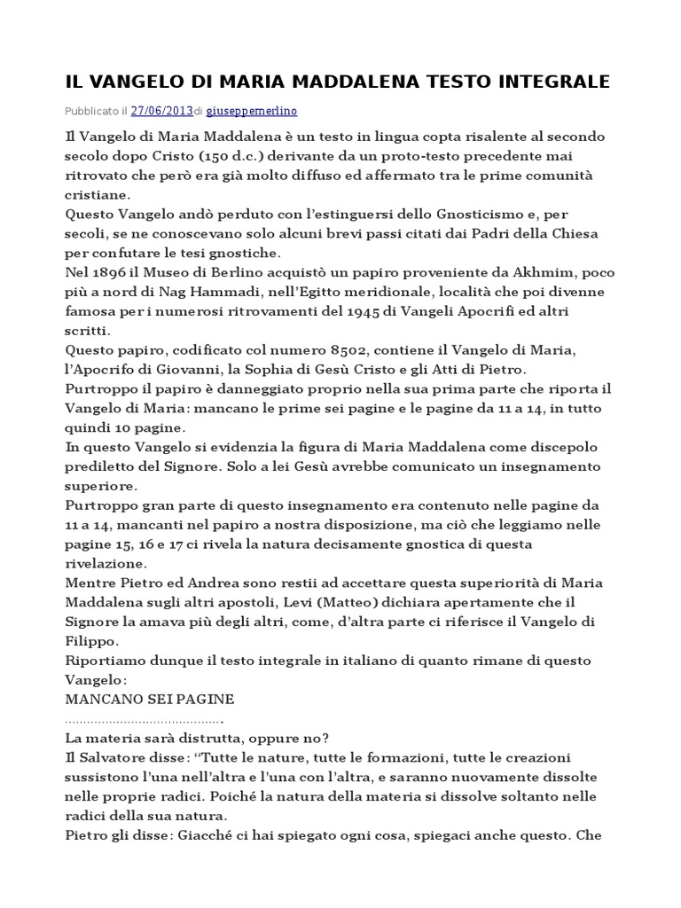 Vangelo Apocrifo Maria Maddalena Pdf Il Vangelo Di Maria Maddalena Testo Integrale | PDF