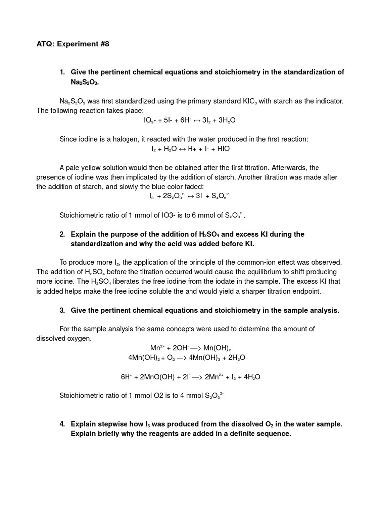 Standardization of Sodium Thiosulfate Solution and Determination of