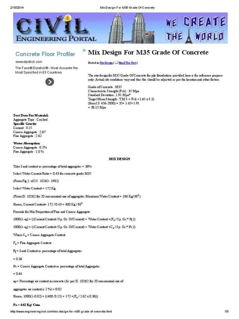 Mix Design For M35 Grade of Concrete PDF Construction Aggregate