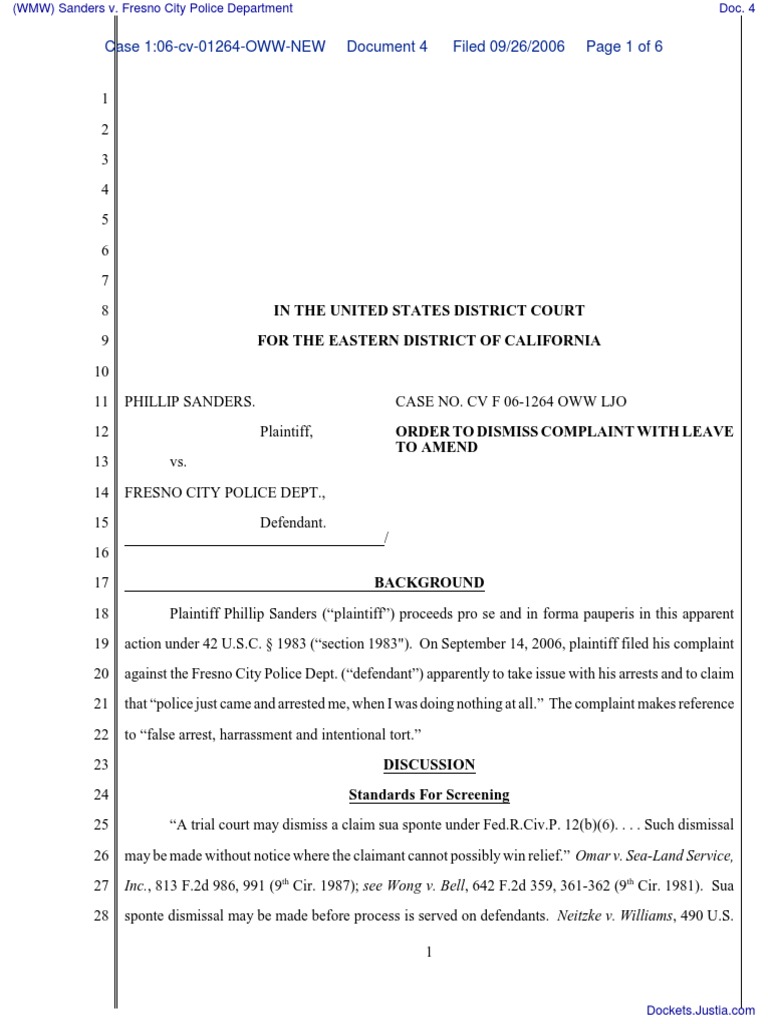 (WMW) Sanders v. Fresno City Police Department - Document No. 4 | PDF ...