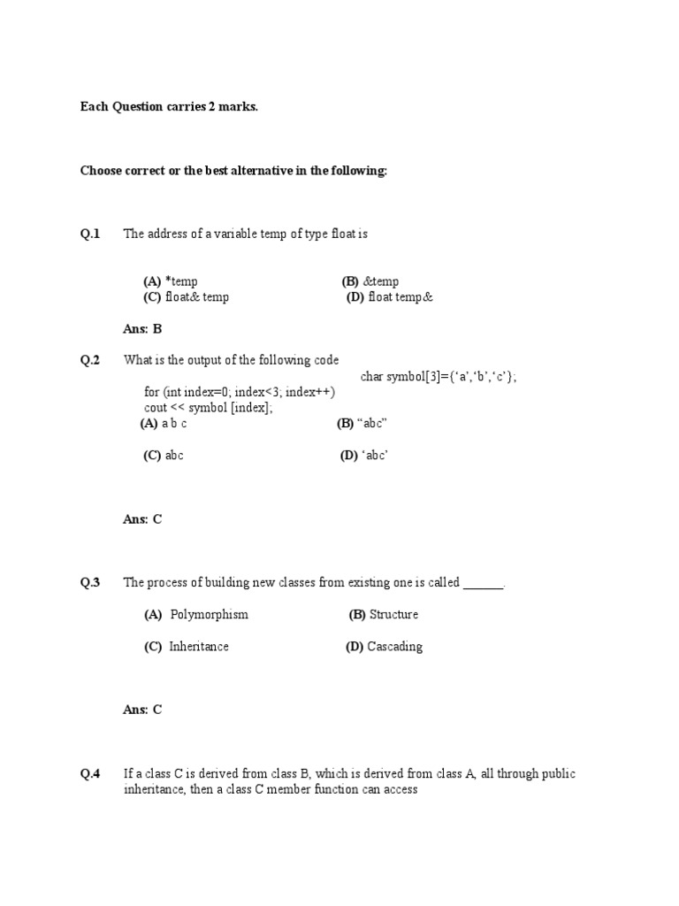 Object-Oriented Programming Quiz | PDF | C (Programming Language ...