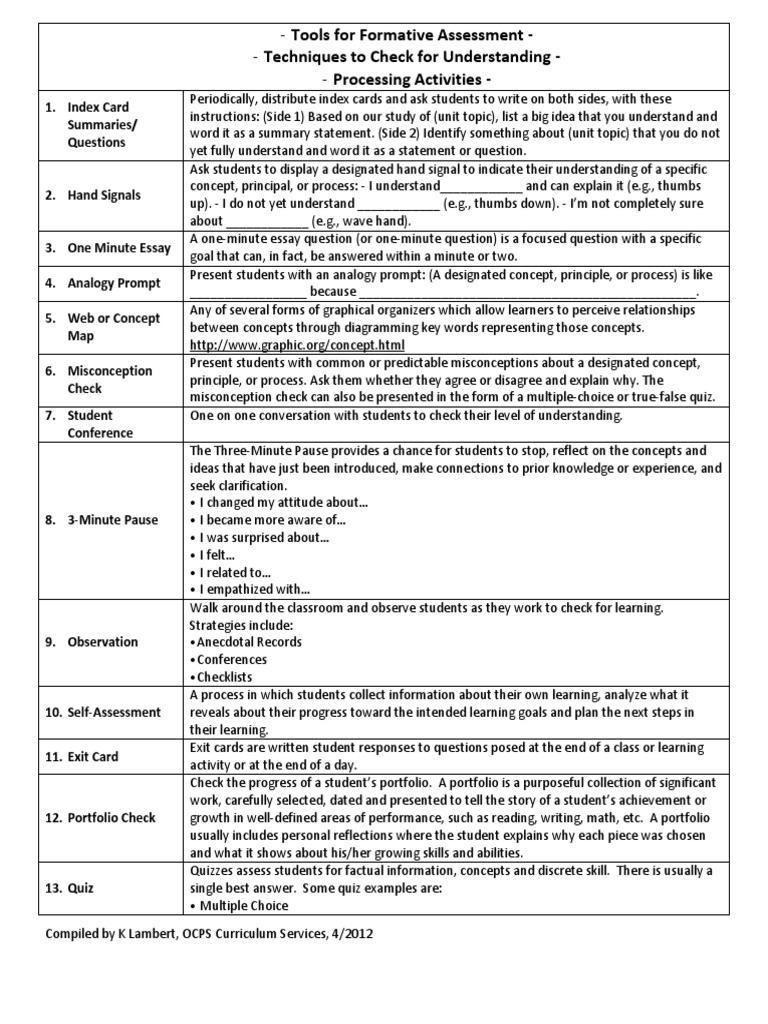 Formative Assessment Techniques Guide | PDF | Understanding ...