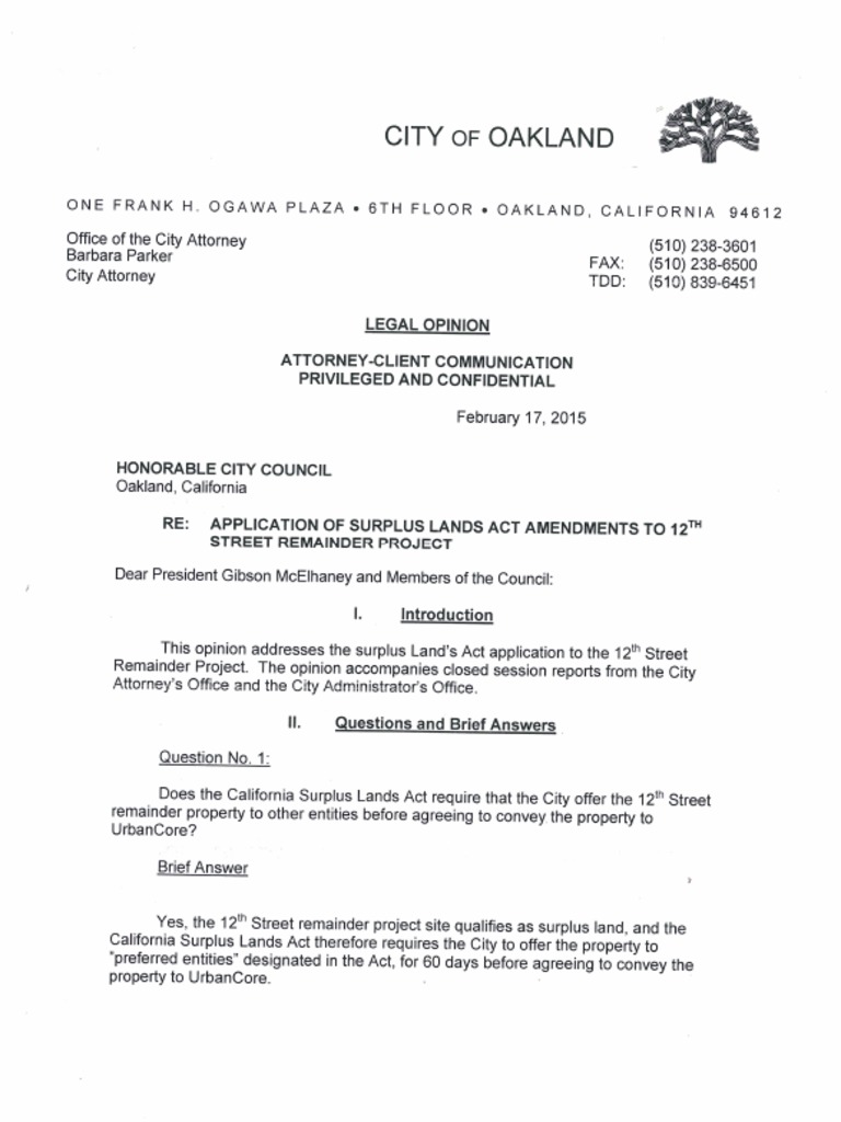 Application of Surplus Lands Act Amendments To 12th Street Remainder