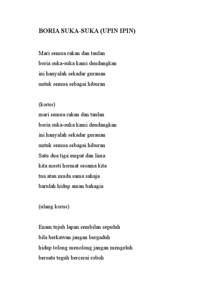 Boria Suka Suka Upin Ipin Lirik Pdf