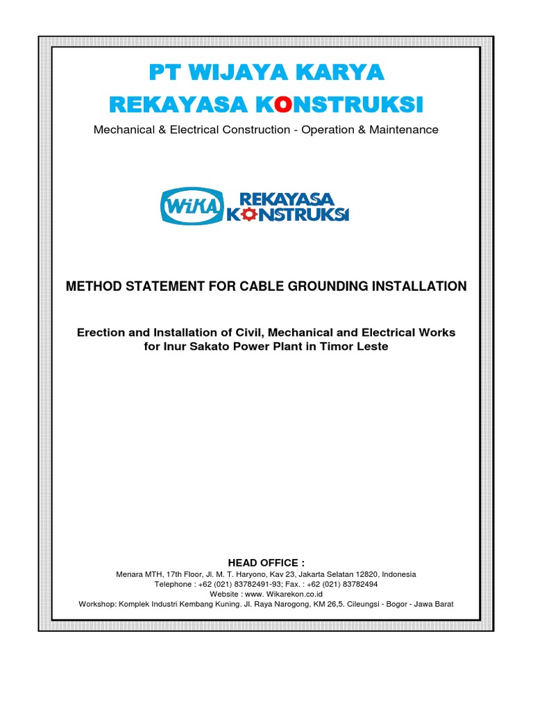 Cable Grounding Method Statement | PDF | Specification (Technical ...