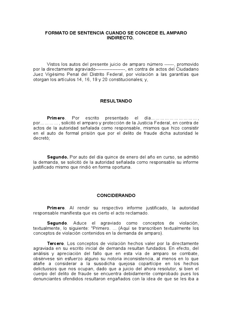Formato de Sentencia Cuando Se Concede El Amparo Indirecto | PDF ...