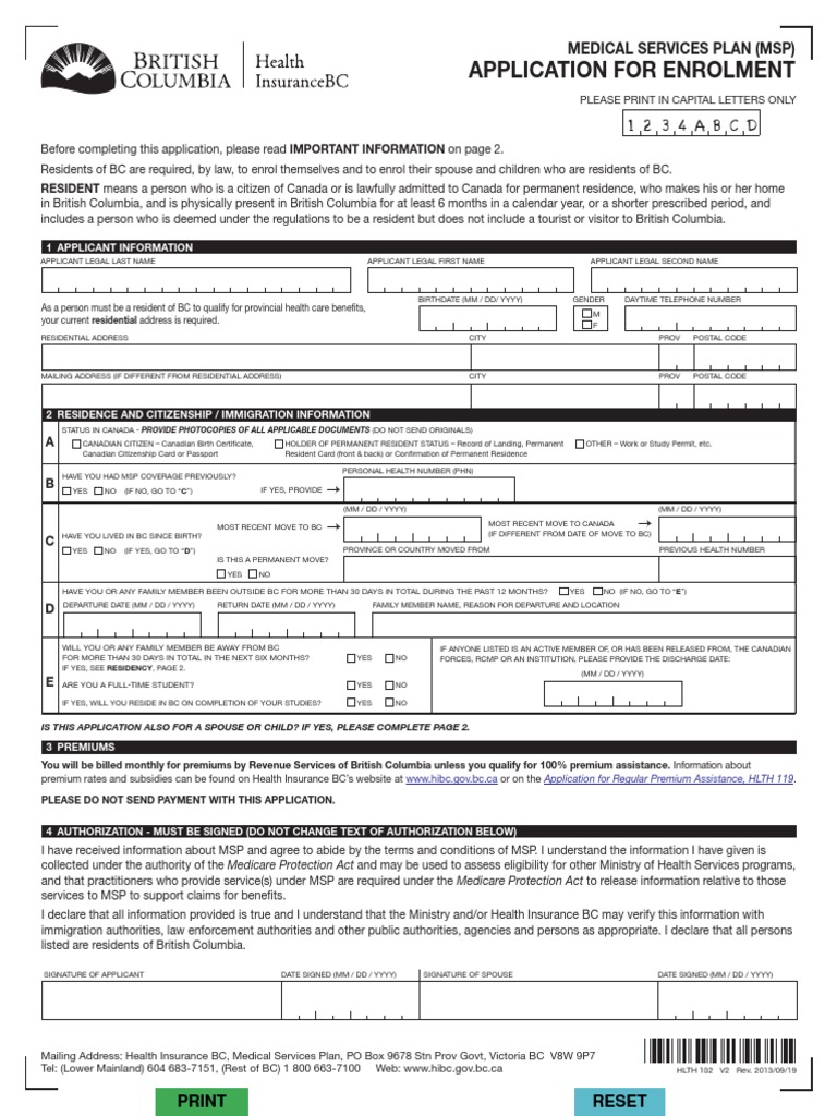 British Columbia Health InsuRance BC Medical Service Plan Application for Enrolment Permanent